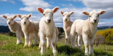 Obraz premium Cute lambs in a grassy field on a sunny day. Possible use Children's book illustration, farm animals poster