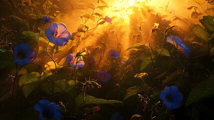 Fototapeta premium Ethereal Sunrise Illuminates Blooming Blue Flowers in Dense Foliage