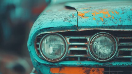 A Close-Up View of a Rusty Vintage Car Front with Oxidized Paint and Weathered Headlights in Soft Focus
