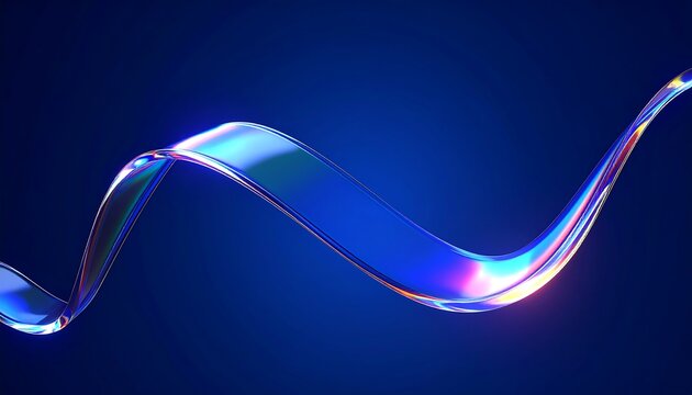 3d abstract liquid glass transparent ribbon wave line on dark blue background. Render gradient water tape, fluid flow curve shape with flare and light refraction on neon black bg.crystal, curve, effec