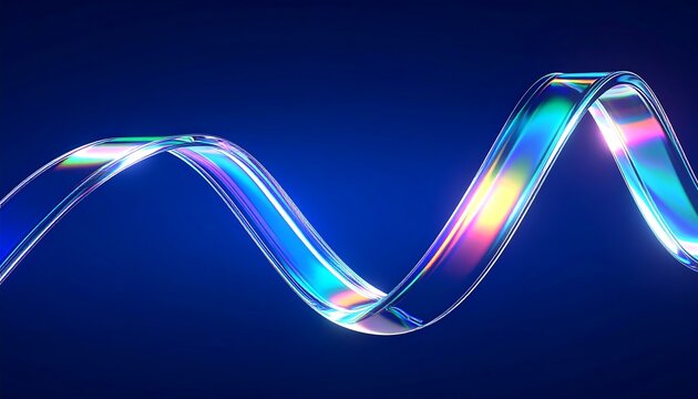 3d abstract liquid glass transparent ribbon wave line on dark blue background. Render gradient water tape, fluid flow curve shape with flare and light refraction on neon black bg.crystal, curve, effec