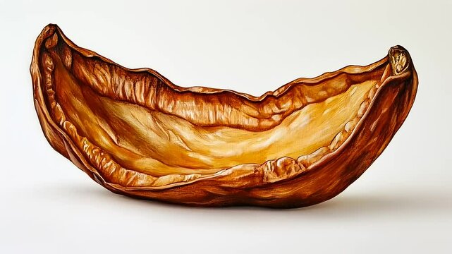 Detailed Oil Painting of a Half Walnut Shell on a Clean White Canvas