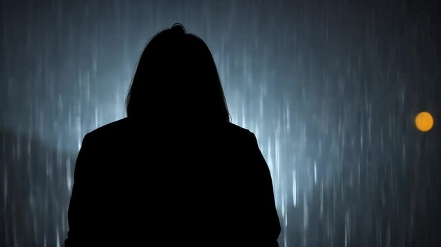 Solitary figure stands silhouetted in the rain, personifies loneliness and reflection