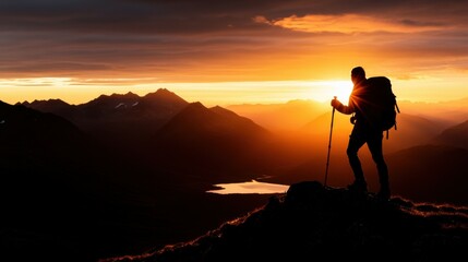 A hiker standing on the edge of a cliff, overlooking a vast mountain range during sunrise, with a backpack and trekking pole