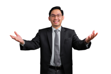 Confident young Asian businessman smiling with open arms, welcoming and ready for success, isolated on transparent background