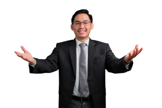 Confident young Asian businessman smiling with open arms, welcoming and ready for success, isolated on transparent background