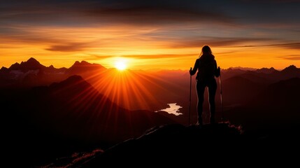 Fototapeta premium A hiker standing on the edge of a cliff, overlooking a vast mountain range during sunrise, with a backpack and trekking pole