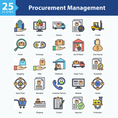Procurement Management is a collection of icons in sheet format representing procurement processes, retail management, and operational efficiency in business transactions.	