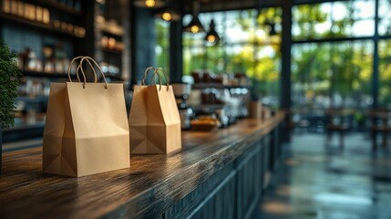Coffee shop takeout bags counter.