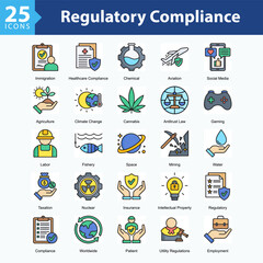 Regulatory Compliance is a collection of icons in sheet format illustrating international regulations, industry compliance, and oversight across sectors like health, energy, and technology.	
