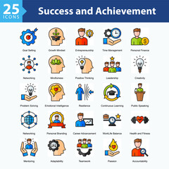 Success and Achievement is a collection of icons in sheet format illustrating self-development, leadership, decision-making, and global and social awareness throughout personal growth journeys.