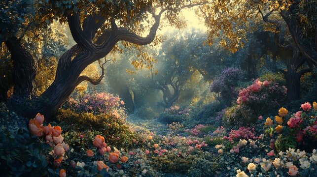 Magical enchanted forest path with blooming roses and lush greenery art pink trees light garden