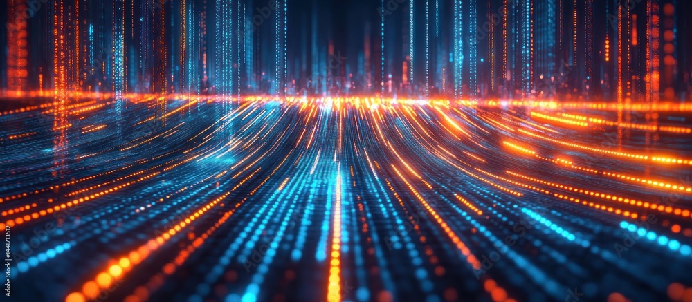 Poster abstract visualization of digital data streams, presenting a dyn