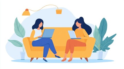 Young beautiful happy family relaxing on the sofa and look at the laptop at home.