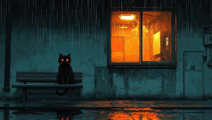 Rainy Night with Cat on Bench.