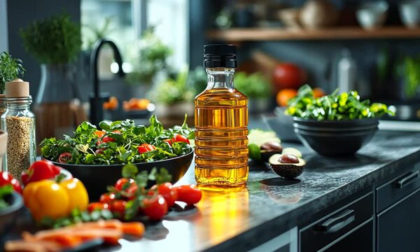Fresh ingredients and oil bottle on a kitchen counter, showcasing a vibrant cooking scene