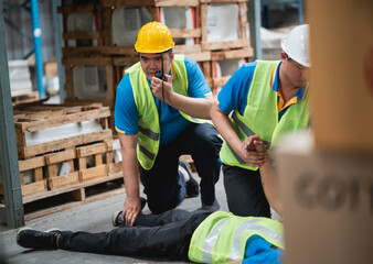 Emergency response in warehouse setting with safety workers assisting injured person on industrial...