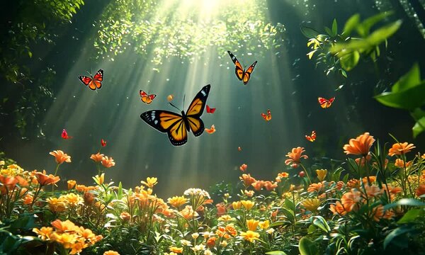 Enchanting forest scene with vibrant flowers and butterflies under sunlit rays