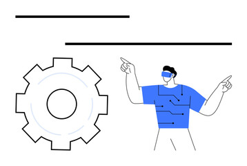 Man with VR headset pointing upward, wearing a futuristic circuit-patterned shirt beside a gear icon. Ideal for technology, VR, innovation, digital transformation, teamwork, automation, simple