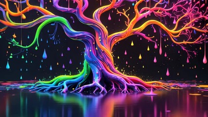Neon Fantasy Tree with Glowing Branches and Floating Droplets in Surreal Forest - Powered by Adobe