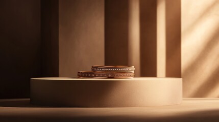 Obraz premium Elegant rings, studio shot, beige backdrop, sunlight