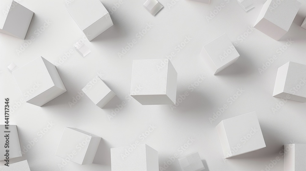 Poster a captivating image of white boxes in various sizes appearing to float on a clean surface, creating 