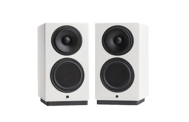 Fototapeta premium A pair of white bookshelf speakers with black drivers on a white background in studio shot setup