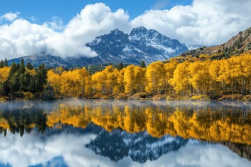 Obraz premium Fall In The Mountains. Colorful Autumn Landscape of June Lake with Yellow Aspens in Sierra Mountains