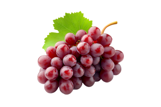 Red Grape Bunch with Green Leaf Isolated Black Background