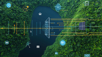 Innovative technology integration for sustainable energy solutions forested area infographic aerial view environmental impact
