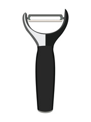 Black and silver vegetable peeler with ergonomic handle isolated on white background