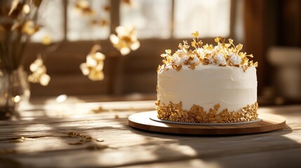 Golden cake, rustic kitchen, sunlit window