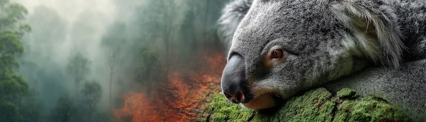 Naklejka premium Double exposure koala with burning jungle in tropical animal concept. A serene koala perched on a tree, surrounded by lush greenery.