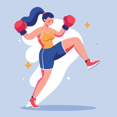 Woman boxing. Female fighter in boxing gloves practices kick, punching and hitting. Strong girl athlete at sports training or workout. Flat vector illustration isolated on background