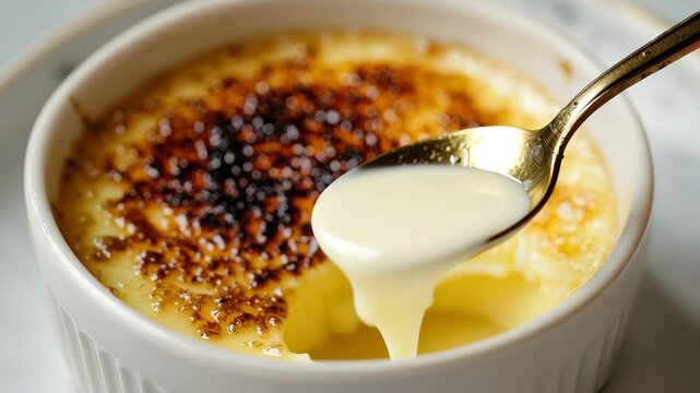Creamy vanilla custard dessert with caramelized sugar topping white ramekin, spoon breaking crispy top, sweet, rich, and indulgent treat�classic creamy custard with caramelized sugar, vanilla