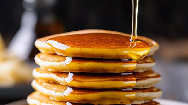 Fluffy pancake stack with golden syrup dripping, sweet breakfast food closeup, homemade and appetizing, stack of fluffy pancakes with golden syrup being poured, creating delicious and inviting
