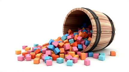 Wooden barrel with scattered colorful cubes on a white background. Concept of combining toys and design focusing on vibrant colors and creative composition.