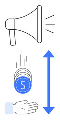 Megaphone symbolizing promotion, coins representing revenue, and an upward arrow for growth beside a hand. Ideal for marketing, finance, advertising, growth strategy, economics concepts, innovation