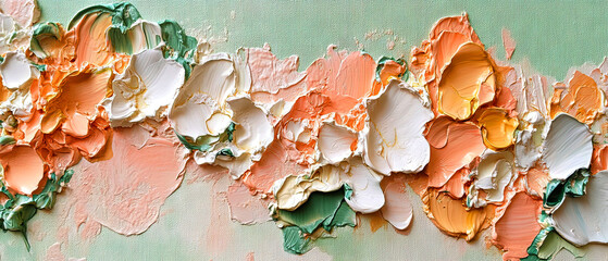 Impasto painting of flowers in peach, white, and green.  Abstract background