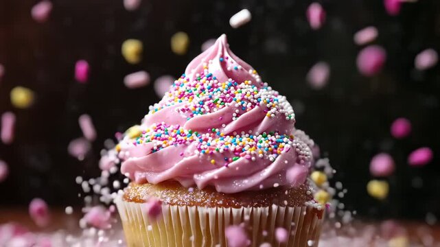 Pink frosted cupcake with colorful sprinkles and creamy frosting, sweet dessert celebration treat festive party atmosphere, close up of joyful and delicious pink cupcake surrounded by falling sugar