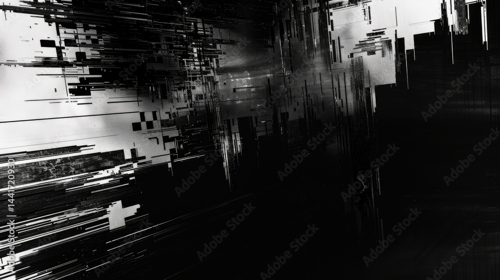 Poster abstract of complex glitch with pixel effect in dark background use shading and monochrome to expres