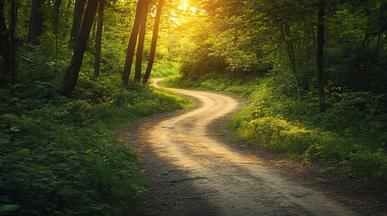 Fototapeta premium Scenic winding road through lush green summer forest sunlight path nature calm trees woods rural