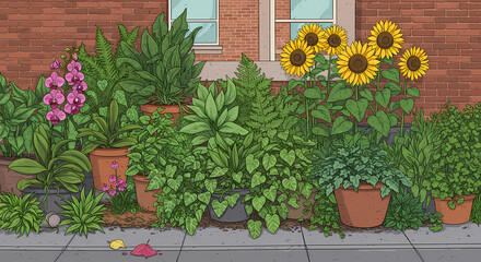 Lush Potted Plants Against a Brick Wall Illustration