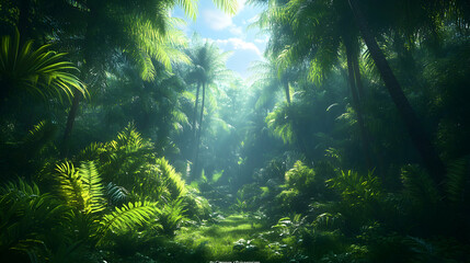 Obraz premium Lush tropical rainforest path with sunlight streaming through the dense canopy, creating a magical, serene atmosphere. Perfect for travel, adventure, or nature documentaries.