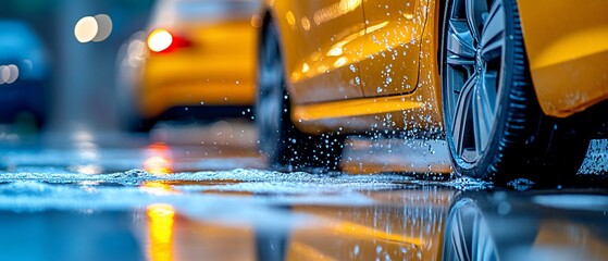 Yellow car in puddle on rainy street