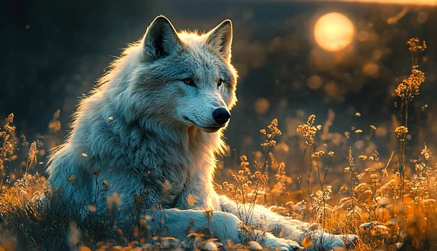 Majestic wolf resting in a sunlit meadow with golden grass and a serene sunset backdrop