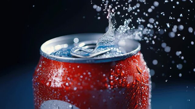 Cold red soda can water splash condensation cold drink refreshing beverage close up macro photography with metallic texture, carbonated fizzy splash, thirst quenching, ice cold droplets