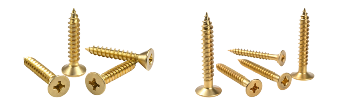 Golden wood screws close-up - fasteners for carpentry and construction on transparent background