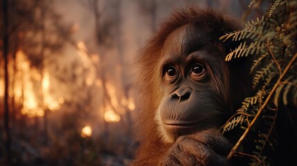 Fototapeta premium Double exposure orangutan with burning jungle in wildlife concept. Orangutan in the wild, observing the effects of a forest fire.