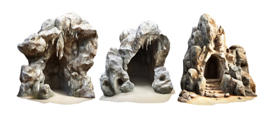 Three intricate stone cave entrances and rock formations with openings shown against a plain transparent background for design.